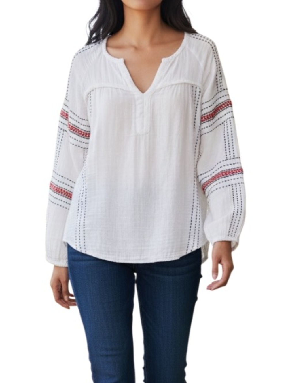 Roxy Boho Peasant Top Cream Embroidered Blouse Coastal Cowgirl Gauze Tunic Med